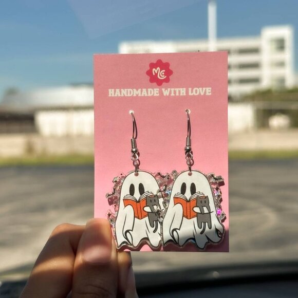 Cute Reading Ghost Earrings with Cat — Halloween Book Lover Dangles - Picture 2 of 3